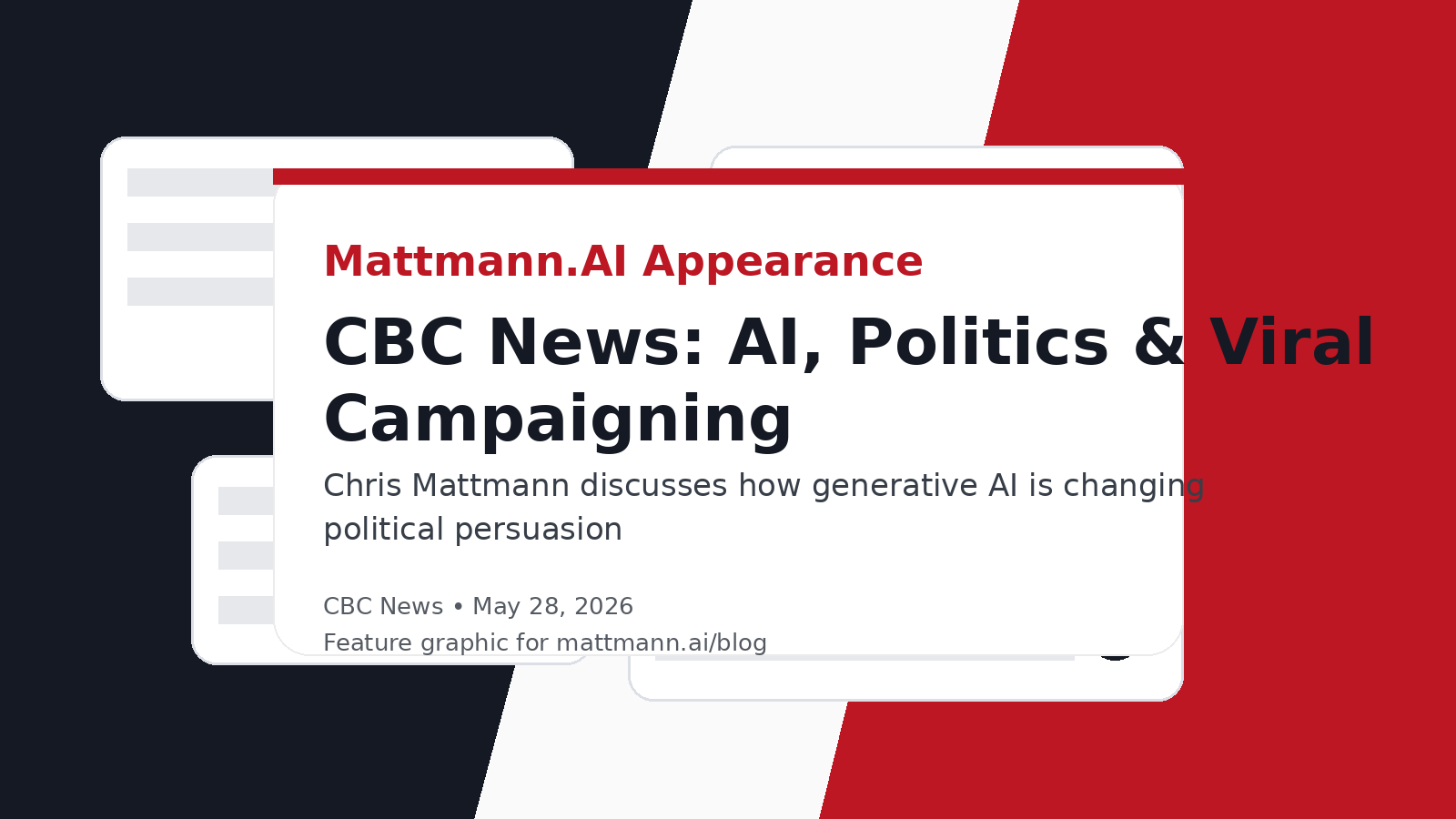 Mattmann.AI feature graphic for CBC News appearance on AI, politics, and viral campaign videos.