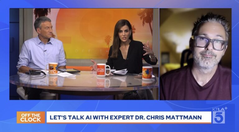 Dr. Chris Mattmann appearing on KTLA 5 Off the Clock discussing artificial intelligence, responsible AI, education, privacy, and emerging technology trends.